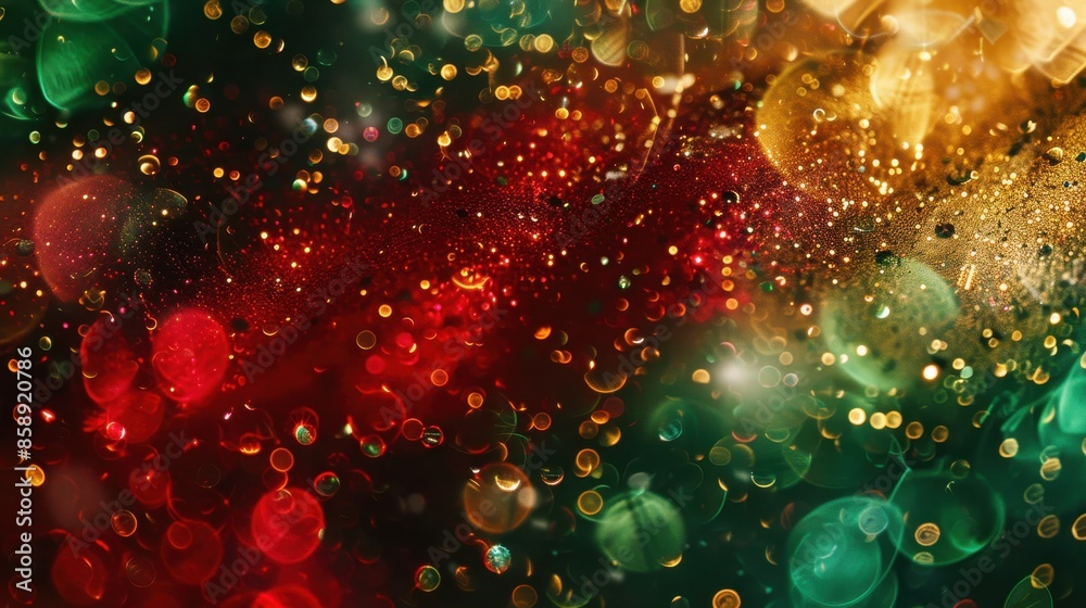 Poster a colorful, glittery background with red, green, and yellow colors. the background is filled with ma