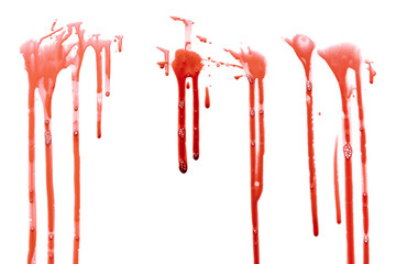 Dripping blood isolated on white background. Flowing bloody stains, splashes and drops. Trail and drips red blood close up