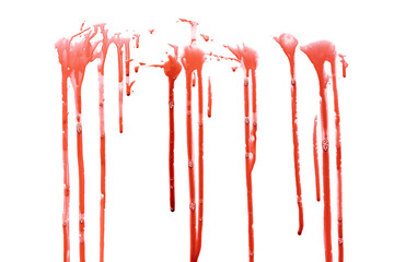 Dripping blood isolated on white background. Flowing bloody stains, splashes and drops. Trail and drips red blood close up © Илья Подопригоров
