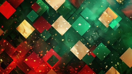 A colorful background with green and red squares. The squares are arranged in a way that creates a sense of movement and energy. The colors and patterns evoke a festive and lively mood