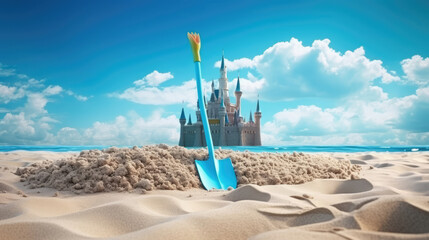 Landscape summer vacation holiday travel ocean sea background panorama - Close up of sand castle and sand shovel on the beach, sunshine, Generative AI