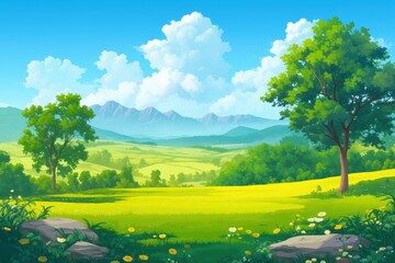 Naklejka premium Summer Meadow Landscape with Mountains