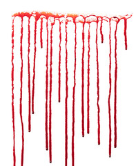 Dripping blood isolated on white background. Flowing bloody stains, splashes and drops. Trail and...