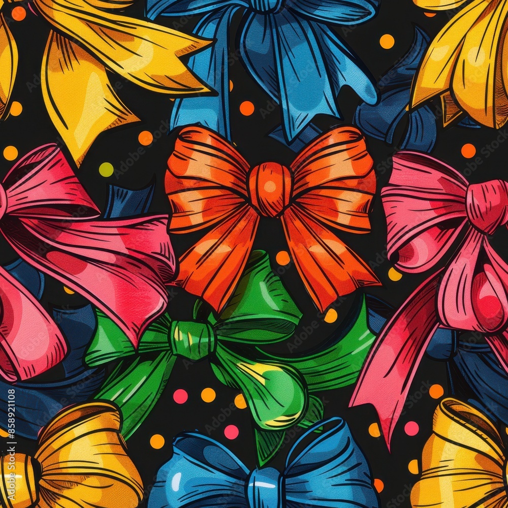Poster This image is a digital illustration of a repeating pattern of colorful bows on a black background with small white polka dots. The bows are in various colors and styles, including red, green, yellow,