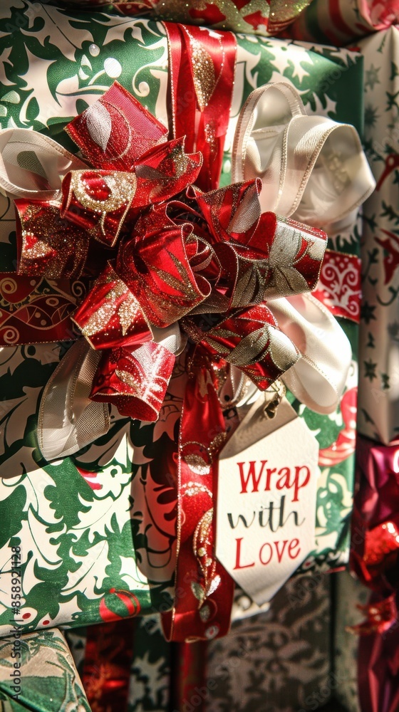 Poster this image shows a close-up view of a christmas gift wrapped in festive green and white paper, tied 