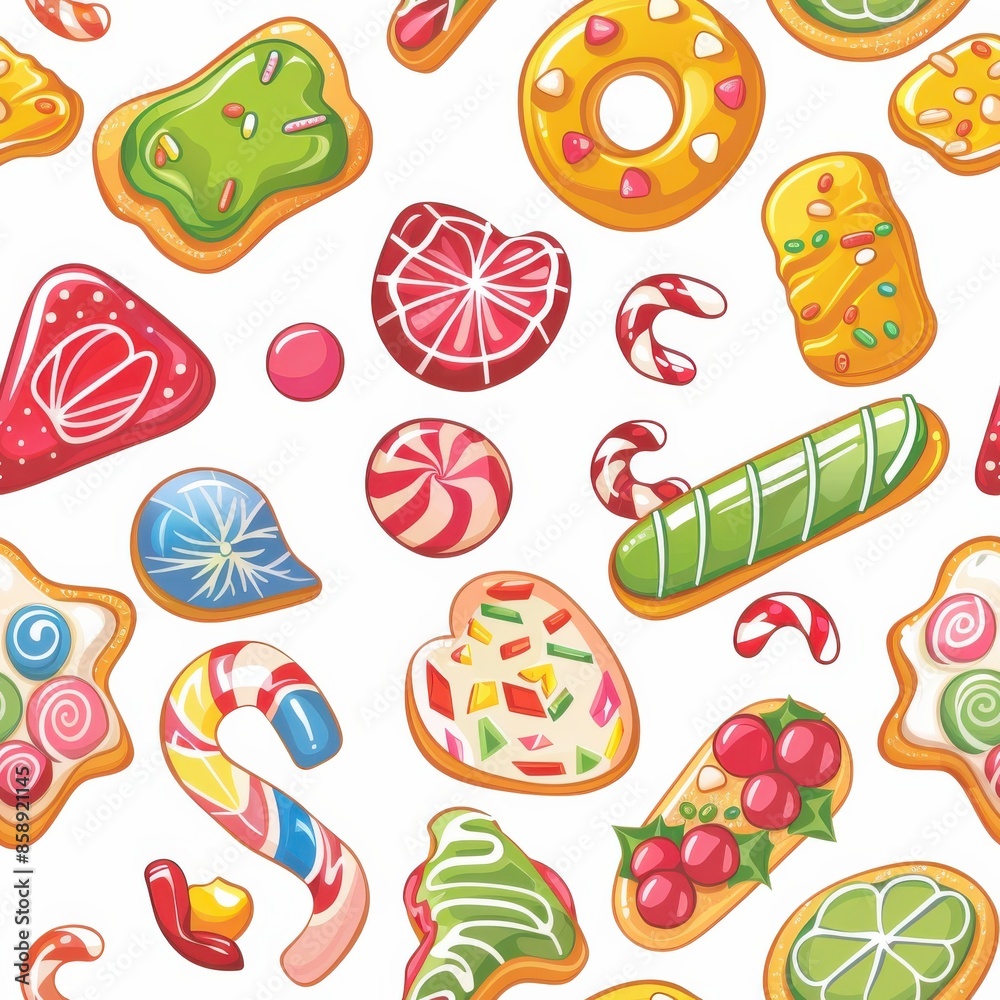 Poster a colorful and festive seamless pattern featuring various christmas cookies and candies. the pattern