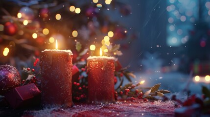 A close-up of two burning candles with red wax and a snowy, glittery surface. There is a Christmas ornament and greenery in the foreground, and blurred Christmas lights in the background. The scene is