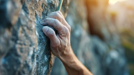 Closeup of climber s hands gripping a rock hold, chalk dust, intricate textures, blurred cliff background, modern style, high resolution