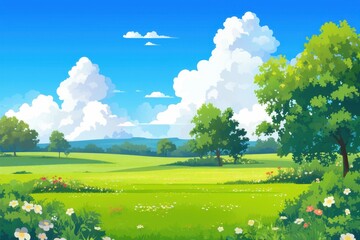 Fototapeta premium Summertime Landscape with Lush Meadow and Blue Sky