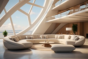 Futuristic 3D rendering of a living room with a leather armchair and a table