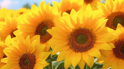 Obraz premium Summer sunflower flower background banner - Closeup of blooming sunflowers on field, Generative AI