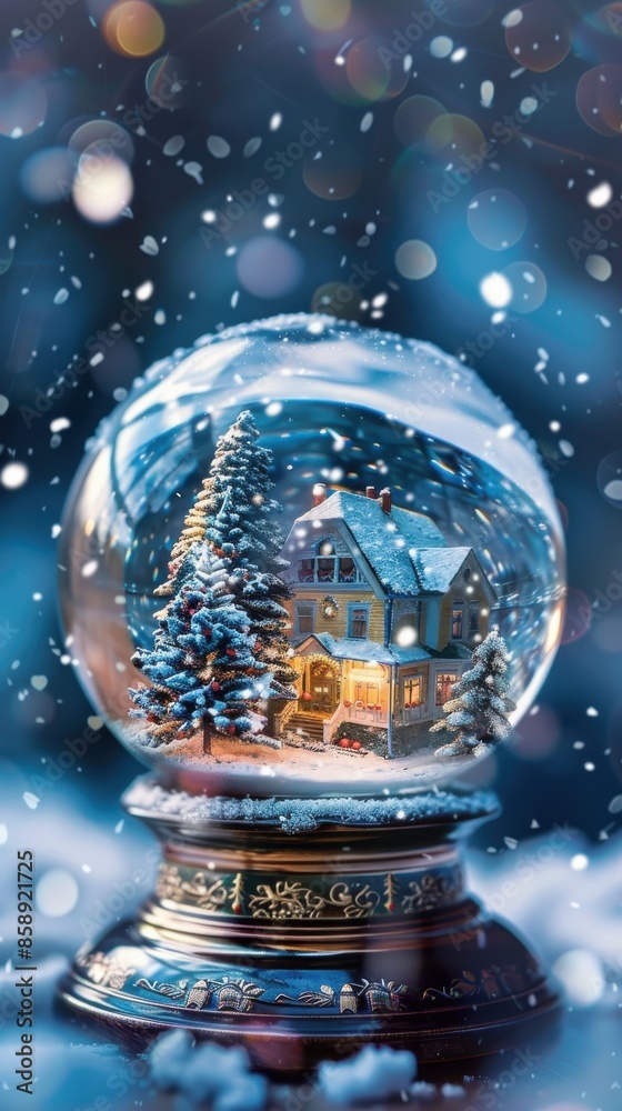 Poster a glass snow globe sits on a snowy surface with a miniature winter scene inside. the globe features 
