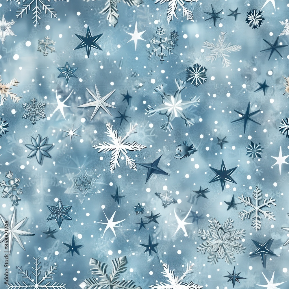 Aufkleber This image features a seamless pattern of snowflakes and stars on a blue background. The pattern is perfect for winter-themed projects, such as holiday crafts, scrapbooking, and fabric design. The sno