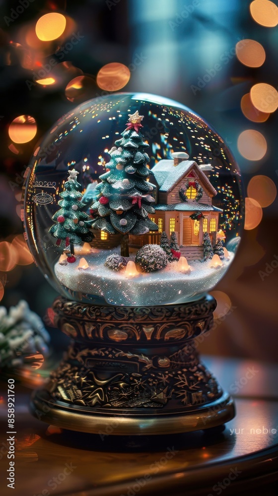 Poster a close-up shot of a detailed snow globe featuring a miniature house with a lit window and a decorat
