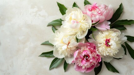 Pink and white peony flowers on a light background with text space for postcard greeting and gift Top view