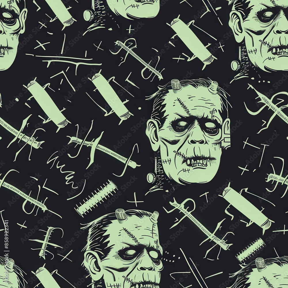 Aufkleber this image features a seamless pattern on a black background with green frankenstein monster heads a