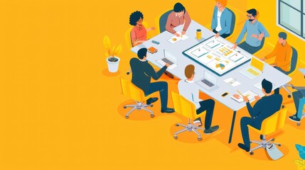 An illustration depicts a diverse group of professionals gathered around a table in an office setting, engaged in a collaborative meeting. They are working on a project, reviewing documents, and using