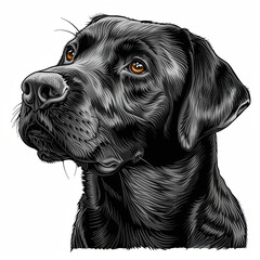 A black and white drawing of a labrador retriever dog