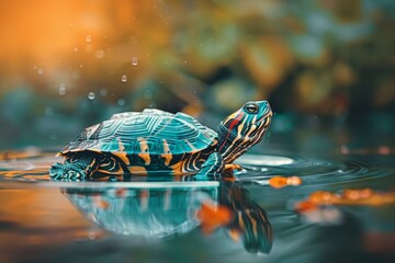 Fototapeta premium Detailed close up of a turtle luxuriating in a relaxing bath within its enclosed terrarium habitat