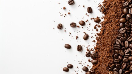 Coffee beans and ground coffee on white background with space for text Top view