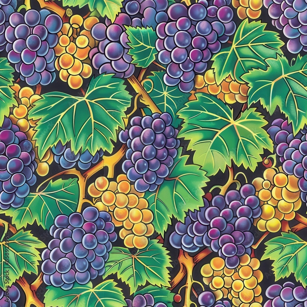 Poster This image is a close-up view of a grape vine with large bunches of ripe purple grapes and smaller bunches of yellow grapes. The leaves of the vine are a vibrant green, and the branches are a light br