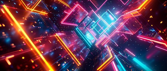 abstract illustration of geometric shapes and structures in colorful neon colors and lights in cyberspace against dark background