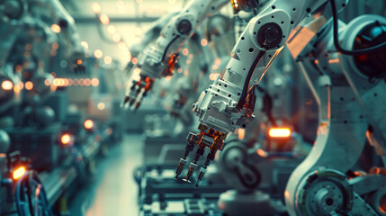 Fototapeta premium Robotic arms inspecting products on a production line in a quality control facility