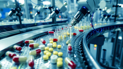 Fototapeta premium Robotic arms packaging pharmaceutical products in a pharmaceutical factory