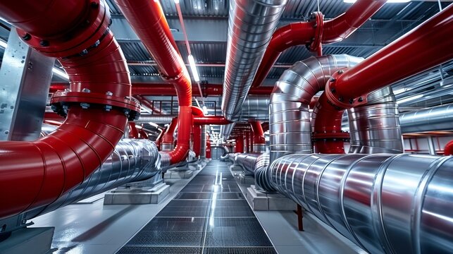 Advanced industrial site with a dynamic ventilation system, red and silver pipes running through the complex, illustrating modern engineering and innovative infrastructure
