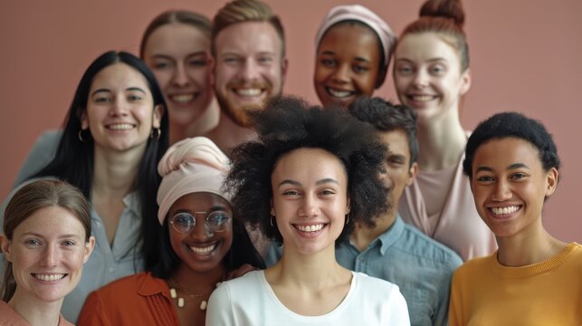 This image shows a diverse group of nine smiling people posing for a photo against a pink wall. The group includes individuals of different races, ages, and genders. They all appear to be happy and en