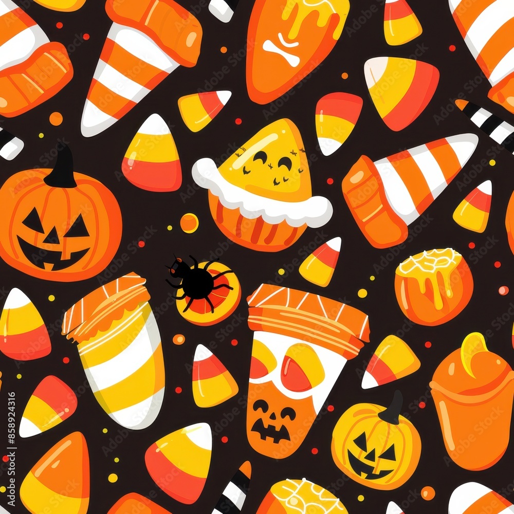 Poster a colorful, illustrated pattern featuring various halloween candy, pumpkins, and a spider. the backg