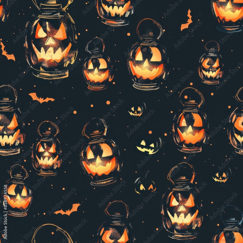 Poster A seamless pattern of jack o lantern lanterns with smiling faces and bats flying over them on a dark background. The lanterns are all lit and glowing with orange light, creating a festive and spooky a