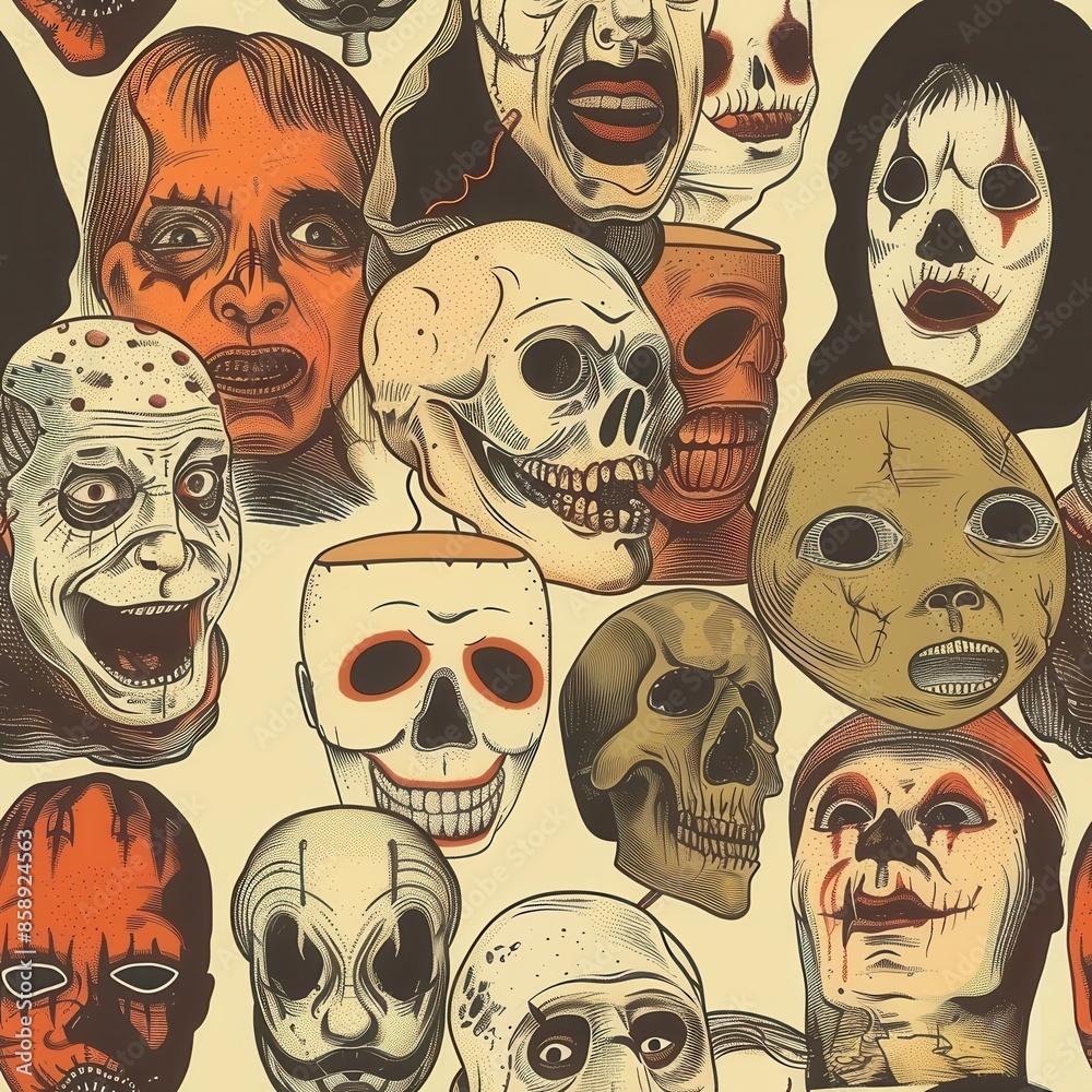 Poster this is an illustration featuring a variety of creepy cartoon masks with various expressions. the ma