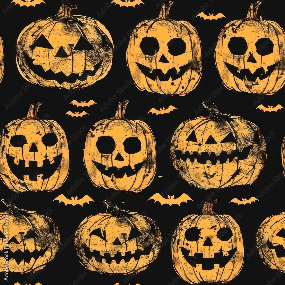 Poster A seamless pattern of smiling Jack OLanterns with bats on a black background. The Jack OLanterns are orange and have a distressed, vintage look. They are all carved with a simple, happy face. The bats