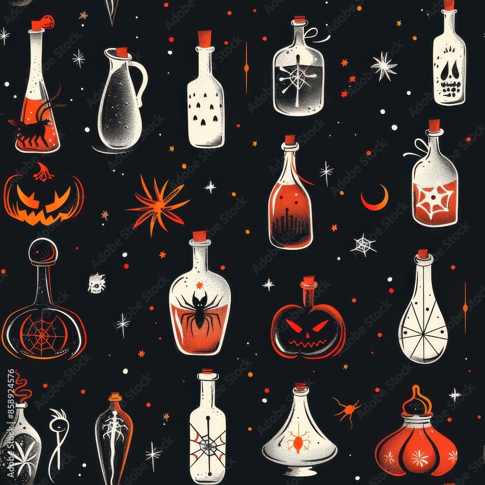 Poster a seamless pattern illustration featuring a variety of halloween-themed potion bottles with differen