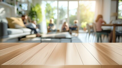 Fototapeta premium Empty wooden table in bright living room. Blurred background of family in living room, perfect for product placement or design.