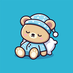 Cute teddy bear in winter clothes on blue background. Vector illustration.