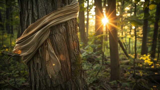 A sash wrapped around a tree trunk twisting and turning as it catches the breeze adding a touch of whimsy to the forest.