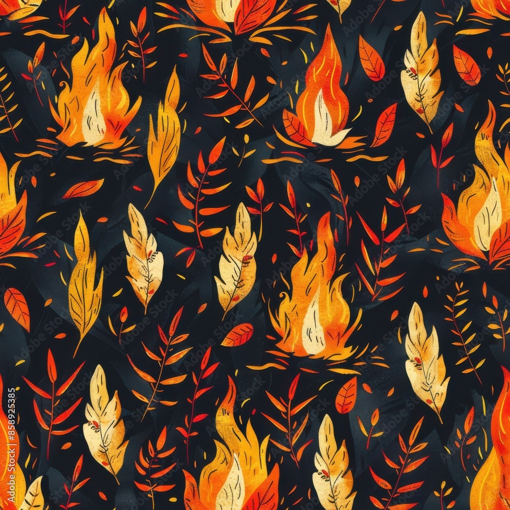 Poster a seamless pattern of orange flames and stylized leaves on a black background. the pattern is hand-d