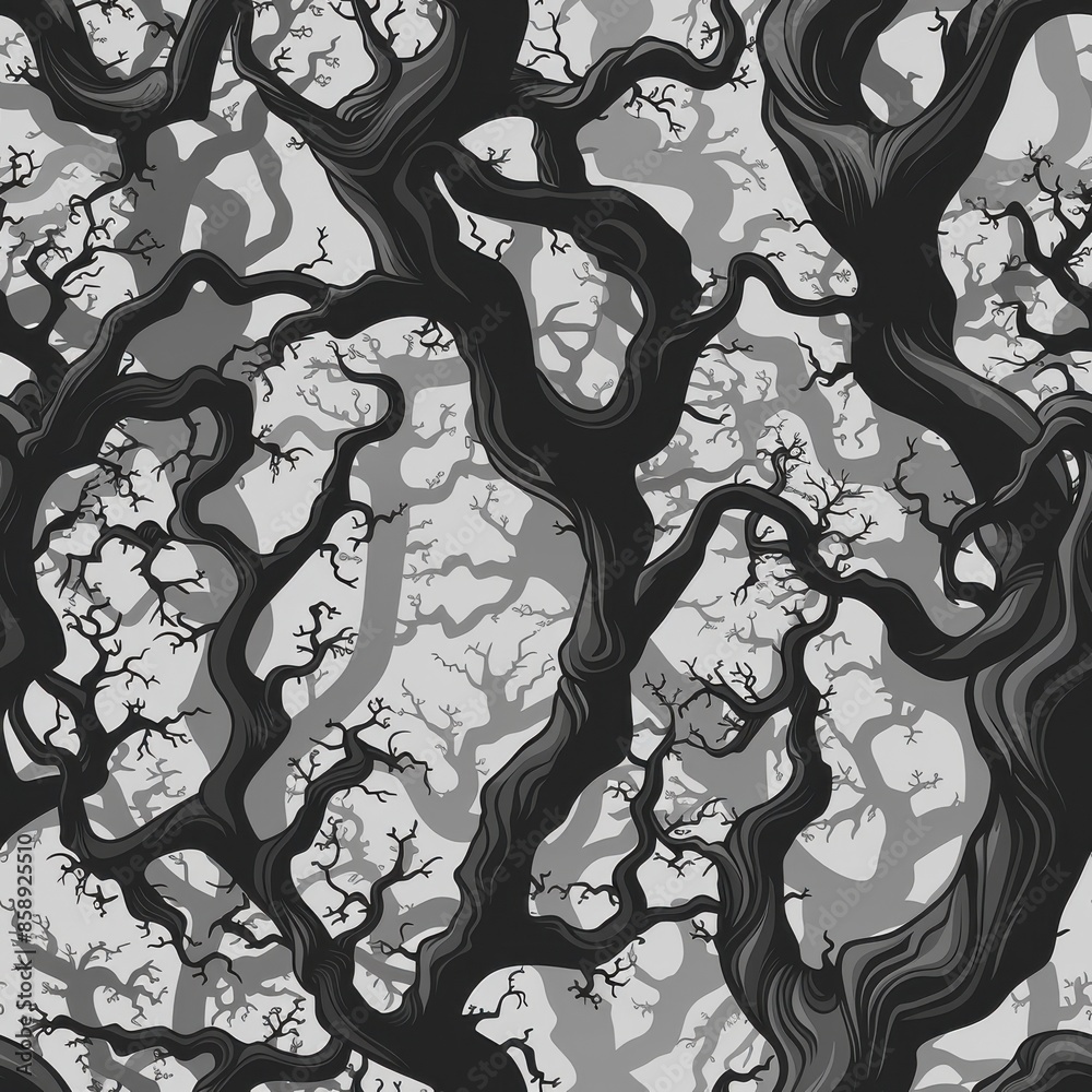 Aufkleber a black and white illustration of twisted tree branches in a forest. the branches are thick and gnar