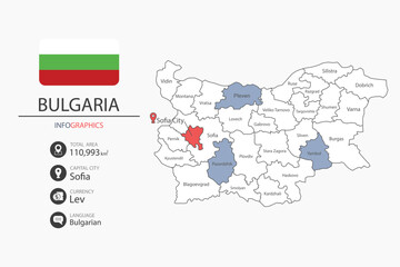 Bulgaria map infographic elements with flag of city. Separate of heading is total areas, Currency, Language and the capital city in this country.