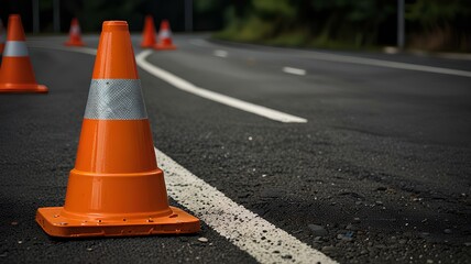 A background illustration features a traffic cone on a road track, capturing the concept of road safety or construction areas.