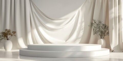 Minimalist White Stage With Drapes and Plants