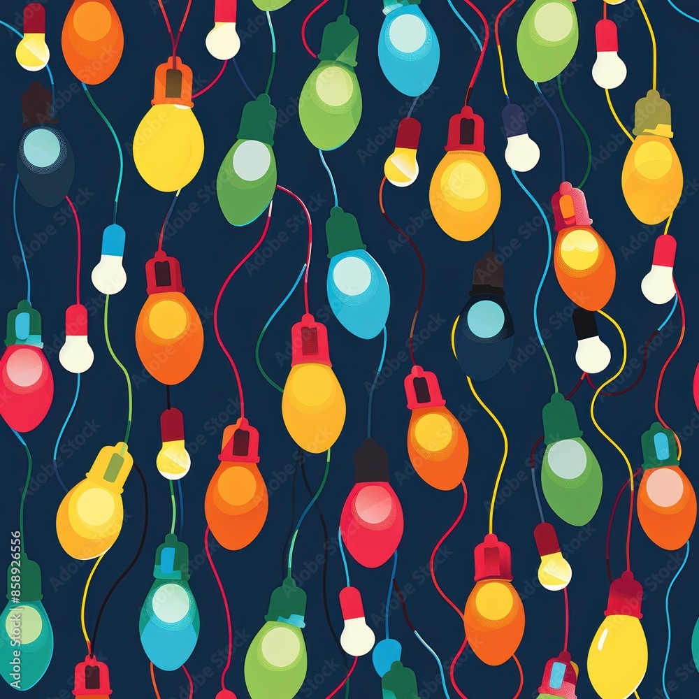 Aufkleber This image features a seamless pattern of colorful light bulbs hanging from strings against a dark blue background. The bulbs are arranged in a random pattern, with some hanging straight down and othe