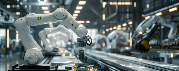 Fototapeta premium Futuristic AI Powered Assembly Line in a State of the Art Manufacturing Facility