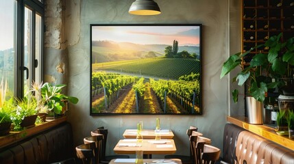 A square painting frame in a cozy cafe, showing a picturesque vineyard landscape under the summer sun, adding a thematic backdrop for wine displays.