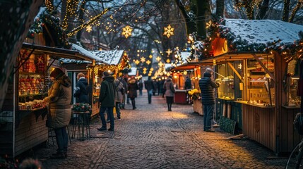 Naklejka premium The festive atmosphere of a European Christmas market. Shoppers browse the stalls, lit by twinkling lights and adorned with snow. The cobblestone path leads through the market, inviting visitors to ex