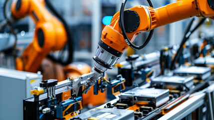 Robotic machinery assembling batteries in a battery manufacturing plant