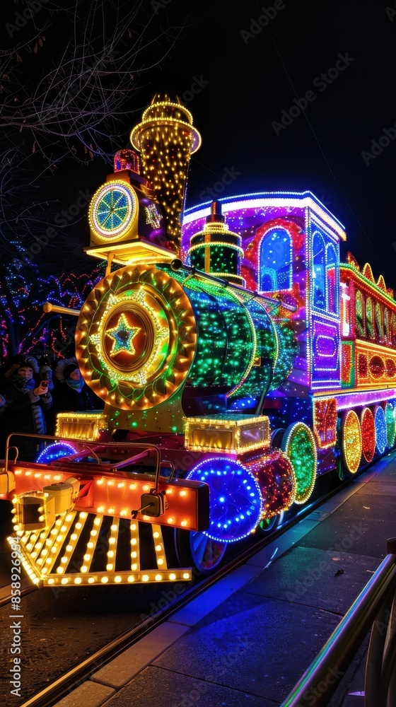 Poster a brightly lit train engine is decorated with twinkling lights in a variety of colors, creating a fe