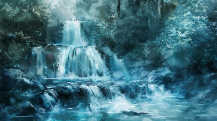 Enchanted forest waterfall. A magical waterfall cascades through a mystical forest in this enchanting digital art piece.